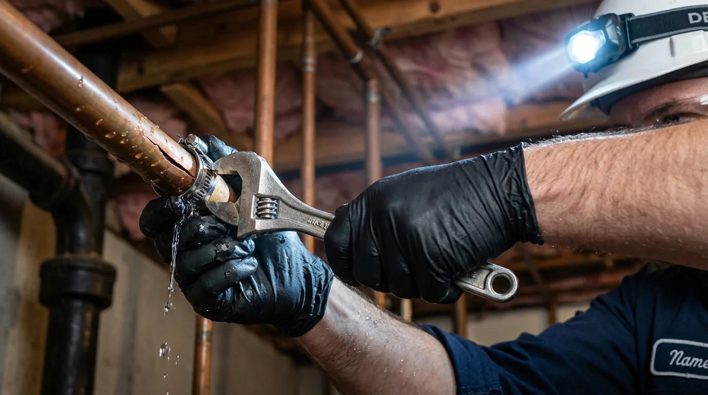 Emergency pipe clamp repair being performed by a Johns Plumbing LLC plumber in Gallatin