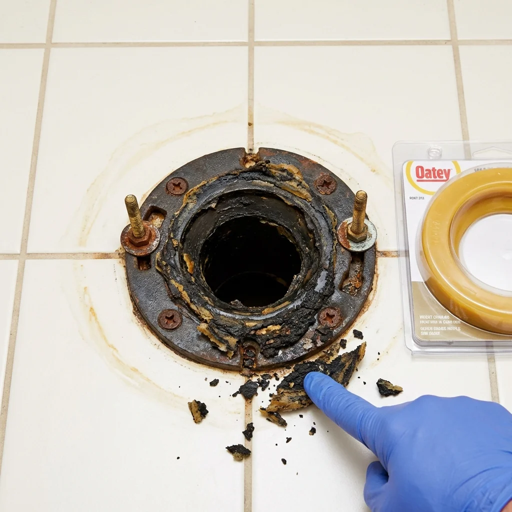 Failed wax ring showing water seepage at the base of a toilet in a Gallatin, MO home
