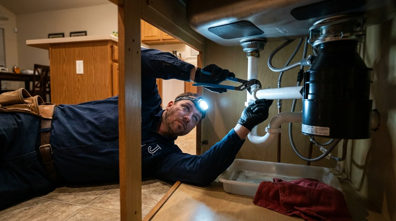 P-trap and supply line connections under a kitchen sink showing a common leak point in Gallatin, MO